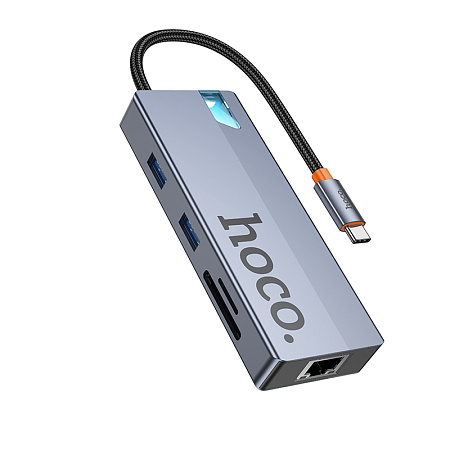 USB Хаб (HB52) с 1 Type-C на HDTV+RJ45+SD/TF+PD+Type-C 3.0+2 USB 3.0, HOCO, серый