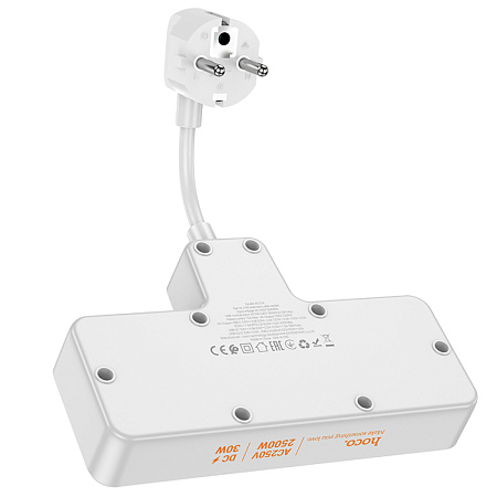 Сетевой фильтр на 2 розетки+3 USB+1 PD, 0.85м, AC12A, HOCO, белый